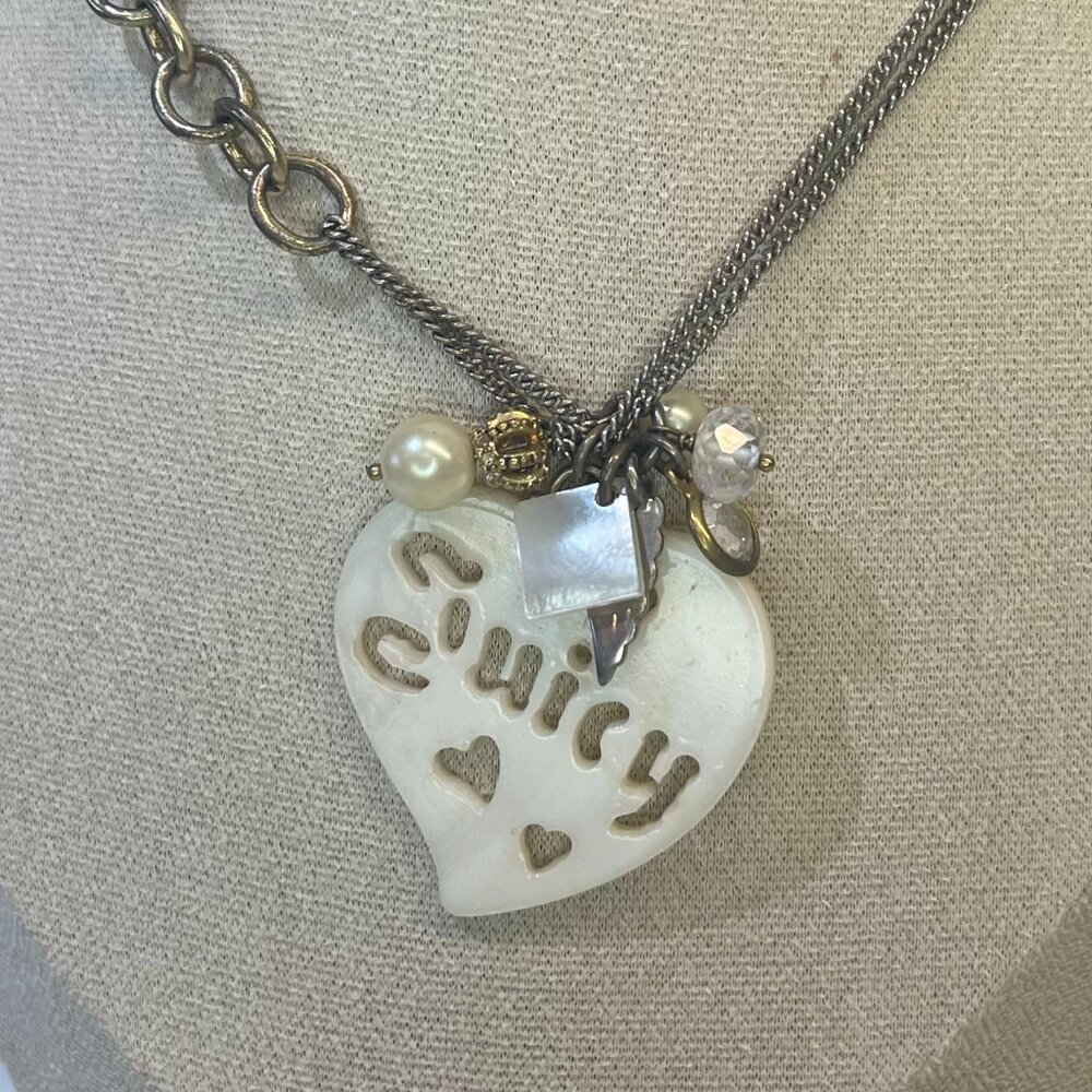 Vintage Juicy Couture White Heart Charm Necklace – Silvertone Chain, Faux Pearls